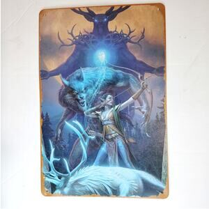 Fantasy Ranger Tin Sign 12×8 Moonlit Wolf Spirit Metal Wall Art Decor